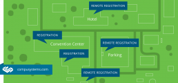 Satellite registration areas, map showing where mobile registration carts are placed at a trade show