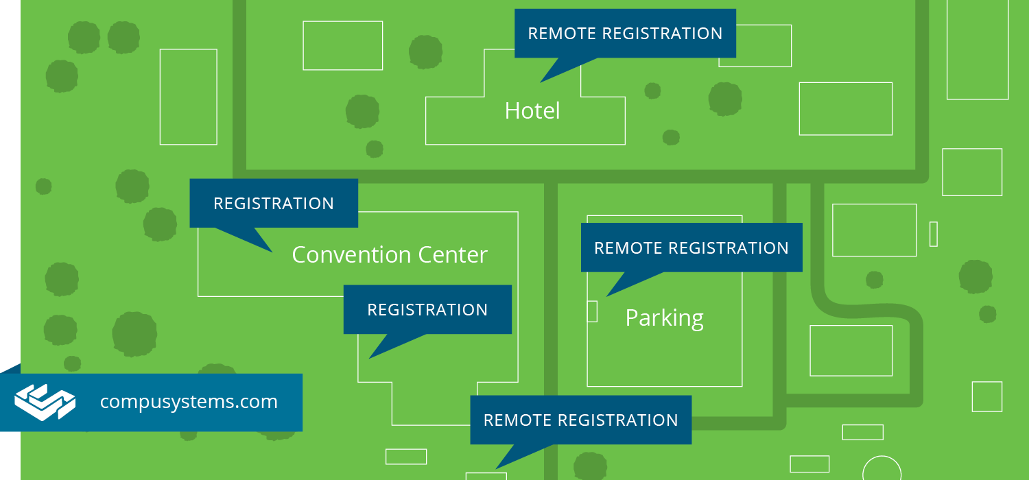 Satellite registration areas, map showing where mobile registration carts are placed at a trade show