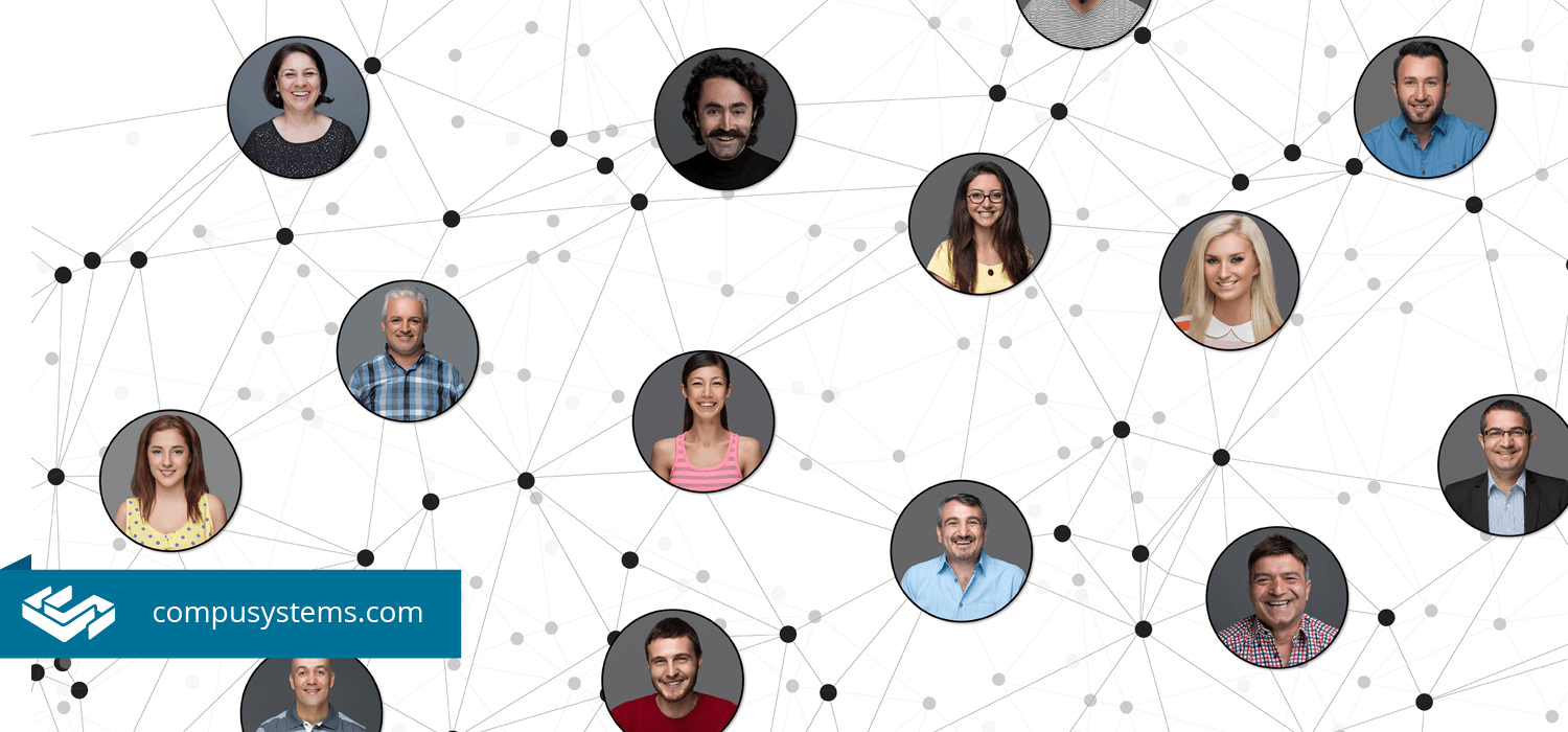 social media integration with registration, headshots in circles connected with networking paths