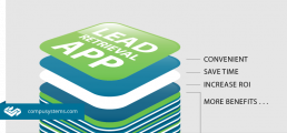 App-based lead retrieval, layered application icons with list of benefits, convenient, saves time, increased ROI, and many more benefits