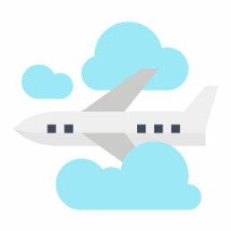 airplane icon, airplane in flight, travel, Traveling to trade show post-pandemic, airplane in sky with clouds