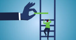 Climbing a ladder with the next rung provided by a large hand, symbolizing support and progression in personal or professional growth.
