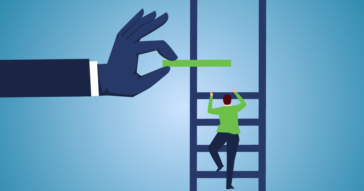 Planning an attendee journey, Climbing a ladder with the next rung provided by a large hand, symbolizing support and progression in personal or professional growth.