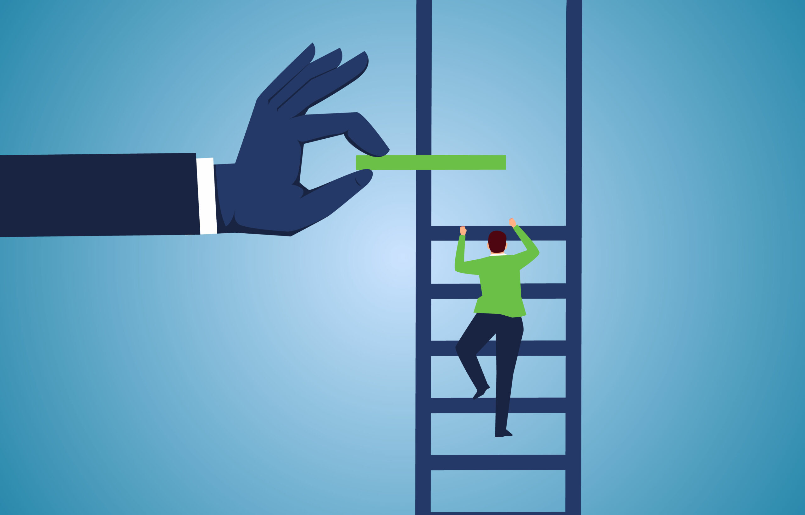 Climbing a ladder with the next rung provided by a large hand, symbolizing support and progression in personal or professional growth.