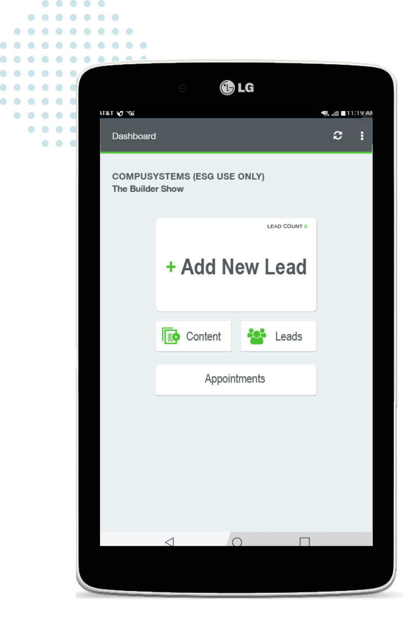 Tablet running CompuLead Application, displaying buttons to add new leads, view content, current leads, or appointments