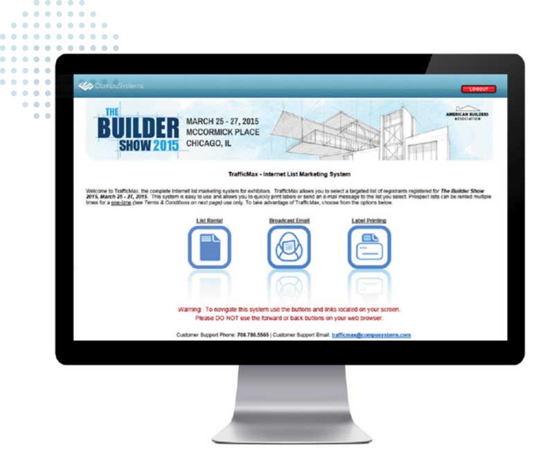Computer screen showing CompuSystems Trafficmax service displaying attendee list rental, broadcast emails, and label printing.
