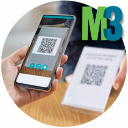 M3 Logo with phone scanning QR code