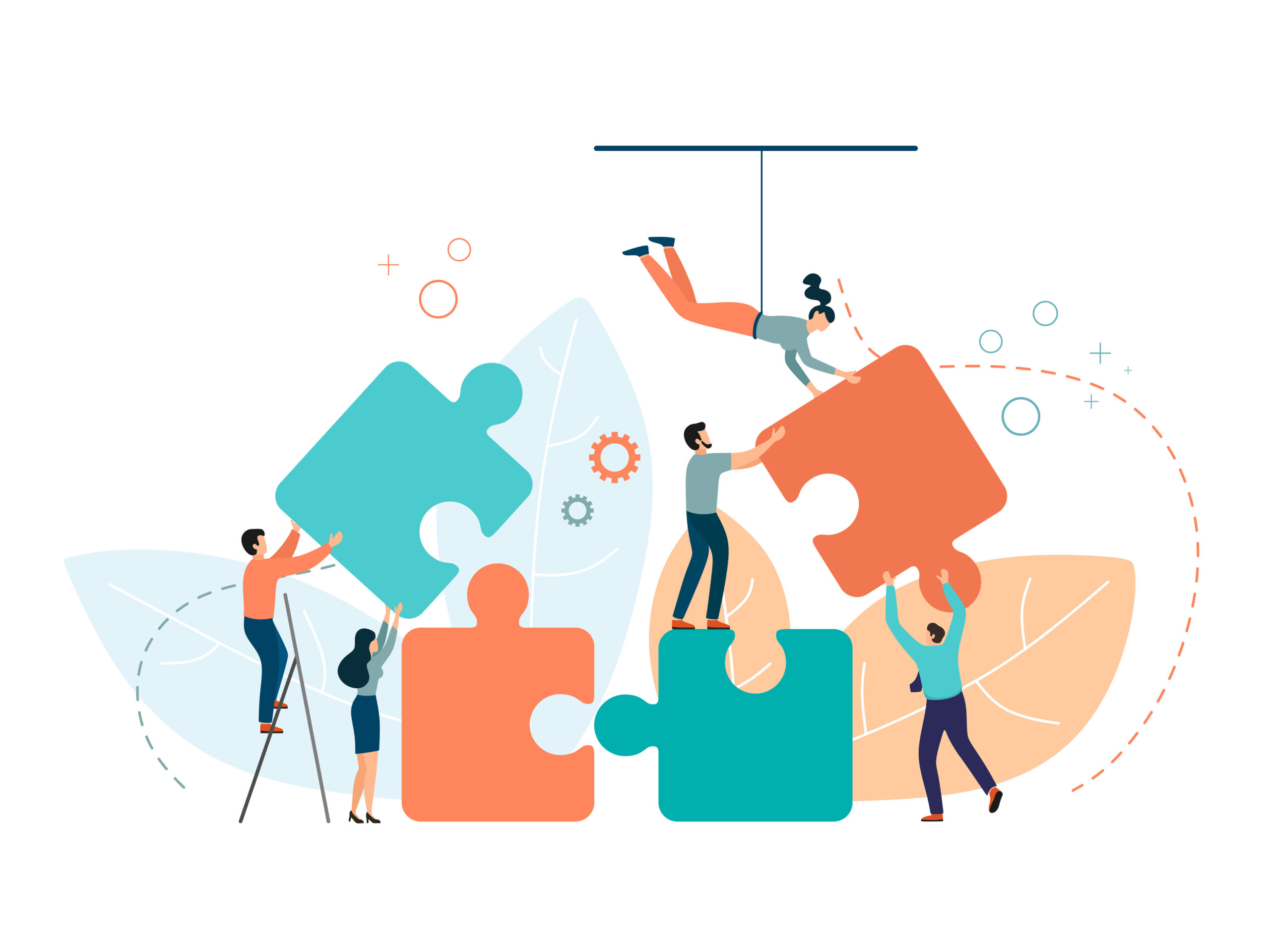 Improve user experience, Collaborative teamwork as people work together to piece together a puzzle, symbolizing unity, cooperation, and problem-solving.