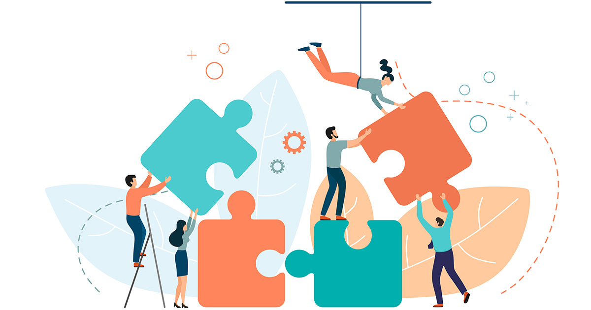 Improve user experience, Collaborative teamwork as people work together to piece together a puzzle, symbolizing unity, cooperation, and problem-solving.